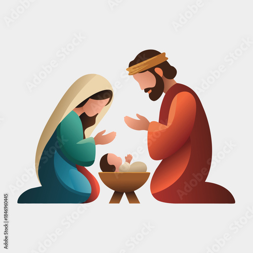 Traditional christmas nativity scene in vector format, depicting mary, joseph, baby jesus in the manger, for modern christmas or religious design