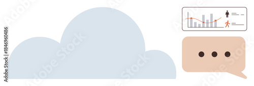 Cloud graphic with a chart showing analytics and a speech bubble with dots, symbolizing data storage, business metrics, communication, and collaboration. Ideal for technology, business, teamwork