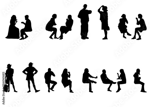 Set of 16 realistic black people silhouettes in seated, standing, and social interaction poses. Suitable for architecture plans, interior visualization, urban design, infographics, presentation
