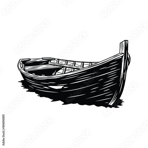 Monochrome detailed illustration of a vintage, weathered wooden rowboat resting on a flat surface.