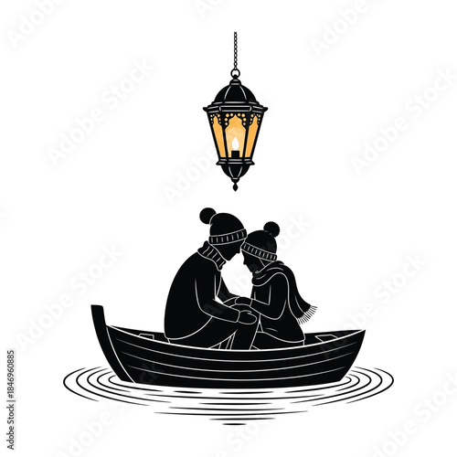 Monochrome illustration of a couple in winter clothes sitting closely in a rowboat beneath a glowing suspended lantern.