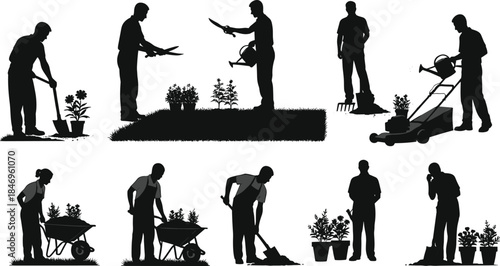 Gardening silhouette, landscaping activity, people working, shovel digging, wheelbarrow loading, watering plants, trimming bushes, lawn care, horticulture tools, outdoor maintenance
