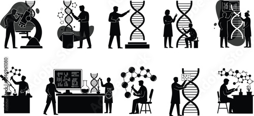 Genetic research, molecular biology, DNA analysis, scientists in lab, bioinformatics, microscope, genome study, biotechnology, chemistry, science illustration, experiment