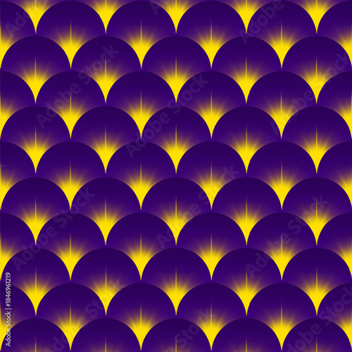 Seamless abstract pattern of purple hemispheres with bright flashes of light and stars. Vector illustration.