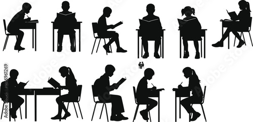 Silhouettes of children studying, reading, writing, classroom activity, desk posture, black vector, school students, education, learning, academic focus