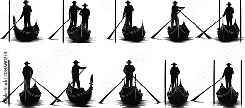 Gondolier silhouette, gondola illustration, Venice boat, traditional transport, water reflection, rowing pose, vector art, Italian culture, tourism, travel