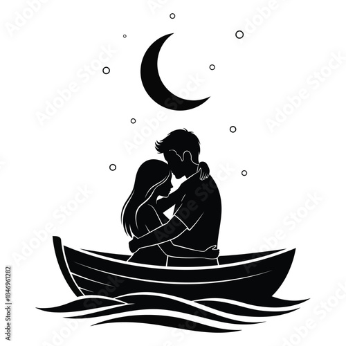 Monochrome illustration of a romantic couple embracing in a rowboat on the water beneath a crescent moon and glowing stars.