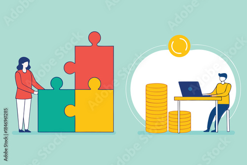 A depiction of business strategy and financial planning with puzzle pieces and work