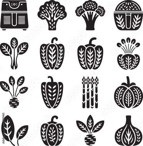 Air fryer, vegetable icons, healthy cooking, broccoli pepper, vegan food, kitchen appliance, asparagus garlic, fresh ingredients, diet meal, roast veggies