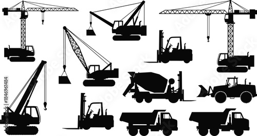 Silhouettes of construction vehicles, tower cranes, cement mixer, dump trucks, forklifts, heavy machinery, industrial equipment, black shapes, white background, vector illustration