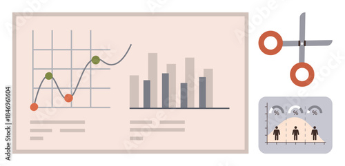 Graphs and bar chart on display board alongside scissors and demographic graphic. Ideal for analytics, strategy, finance, business planning, statistics, data presentation, simple flat metaphor
