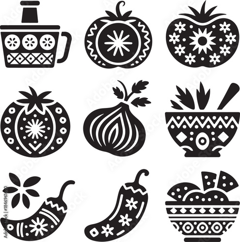 Mexican food, decorative vegetables, salsa ingredients, tomato chili, folk art, onion garlic, guacamole bowl, cooking spices, rustic kitchen, vector illustration