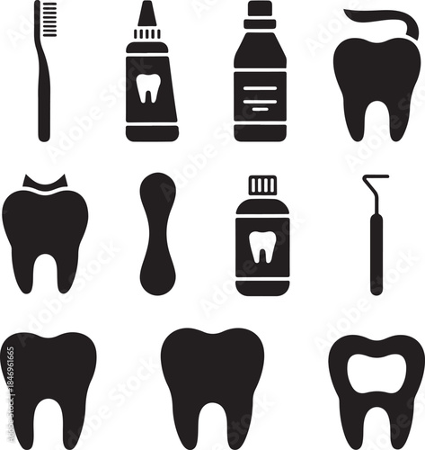 Dental icons, tooth care, dentist tools, oral hygiene, toothbrush paste, mouthwash bottle, healthy teeth, medical clinic, stomatology symbol, floss protection