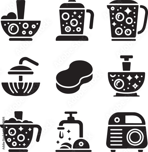 Dishwasher icons, washing dishes, kitchen cleaning, sponge soap, faucet water, appliance symbol, clean plate, housework concept, detergent bubbles, vector set
