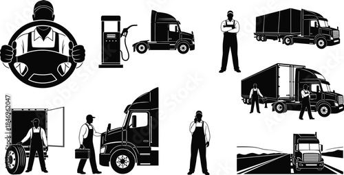 Trucking industry silhouette set, logistics icons, driver, cargo truck, refueling, inspection, communication, vector illustration, black pictogram collection