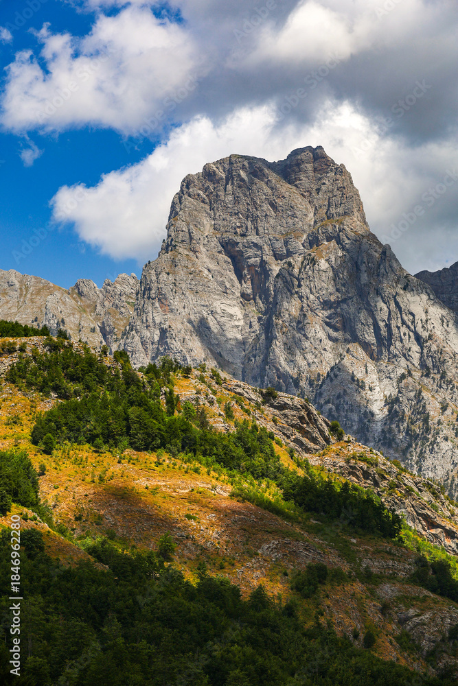 Fototapeta premium Scenic summer sunset landscape of Prokletije or Accursed Mountains in Northern Albania, Valbona Valley National Park, Europe 