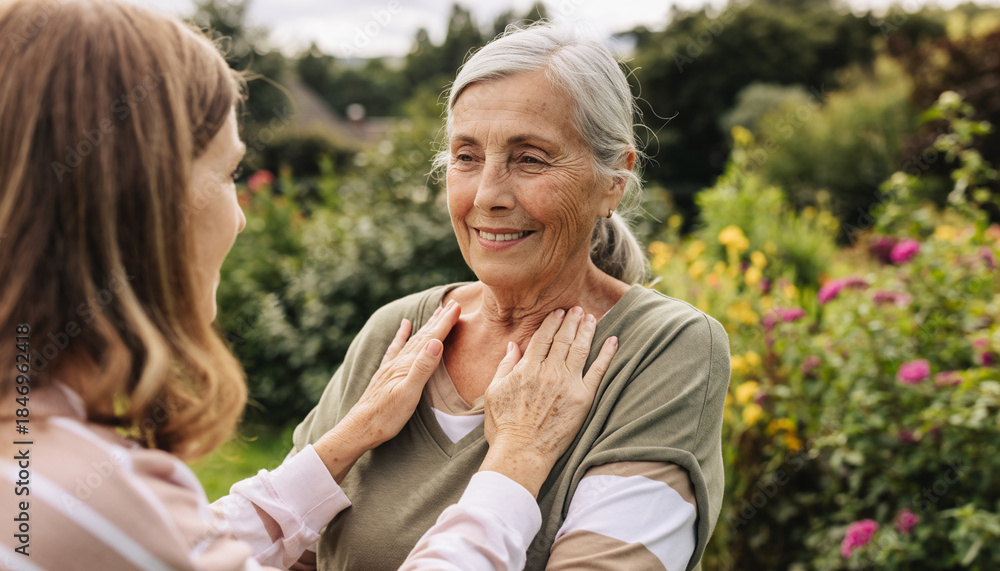 Fototapeta premium Senior woman smiling kindly during supportive touch moment natural outdoor bokeh emotional connection garden background cheerful affectionate caring friendship happiness