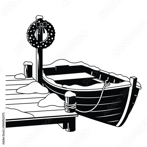 Monochrome illustration of a small wooden boat moored at a snowy dock, featuring a decorated christmas wreath on a post..
