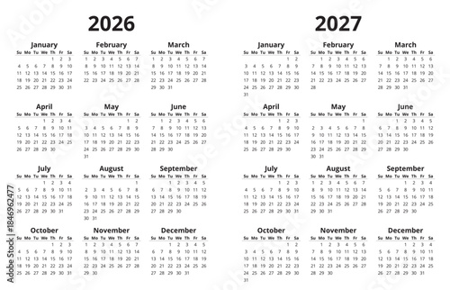 2026 and 2027 simple annual calendars. English vector year design