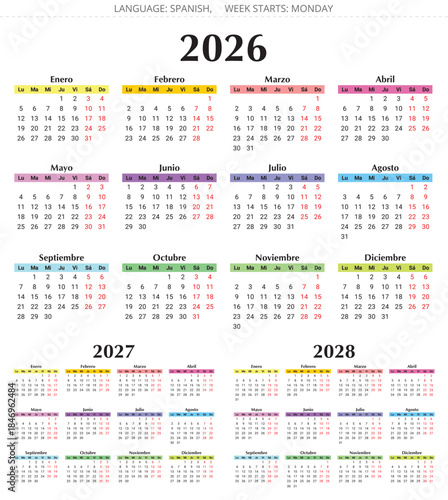 2026, 2027, 2027 spanish calendar. Multicolor vector illustration Spain - year calendario