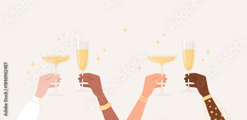Hands of women of different nationalities and skin tones holding glasses of sparkling wine. Flat vector illustration