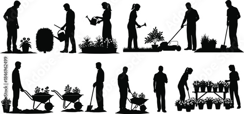 Gardening silhouette, people working, lawn care, watering plants, trimming bushes, wheelbarrow transport, shovel digging, horticulture tools, landscaping activity, outdoor work