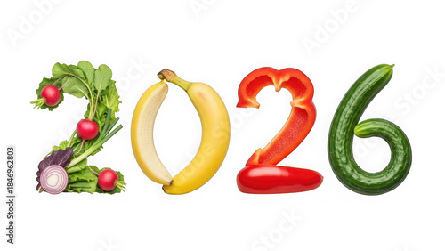 Creative vegetable and fruit arrangement forming the year 2026 on a transparent background