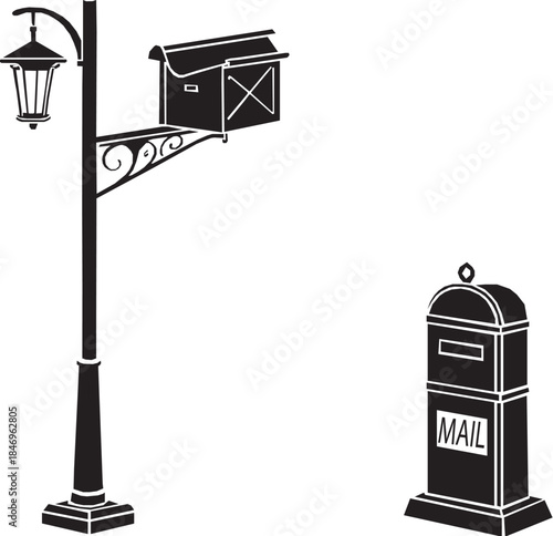 Set of black mailbox and postbox icons in simple silhouette style.