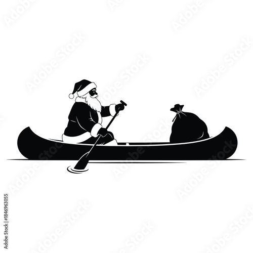 Monochrome illustration of santa claus paddling a canoe and transporting a large sack of gifts.
