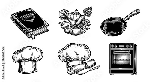 Cooking tools, vegetables, and a cookbook in black and white style