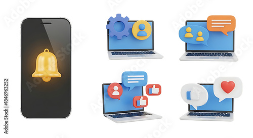 3d icons set for mobile notification, social media feedback, and online communication isolated on transparent background