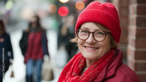 Smiling senior woman in red winter hat and scarf looking happy outdoors