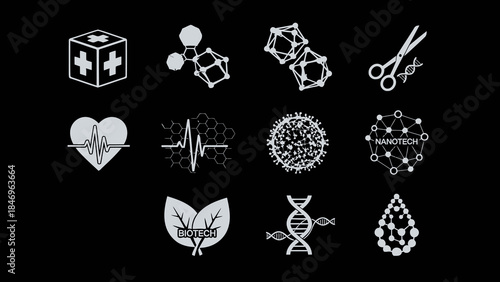 Healthcare and Medical Icons Collection Scientific and Technological Advancements Nanotechnology Biotechnology DNA Molecular Structure Illustrations Featuring in Gray Isolated on Black Backdrop