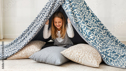 Happy Girl in Her Homemade Blanket Fort