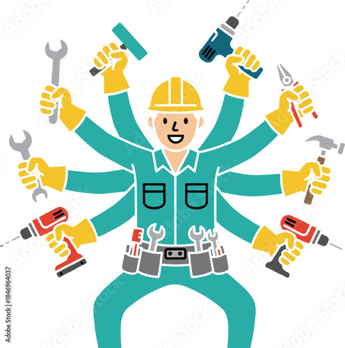 Multitasking Construction Worker with Many Arms holding Various Tools like Drill, Wrench, and Hammer, symbolizing Efficiency, Hard Work, Expertise, and Service, flat vector illustration