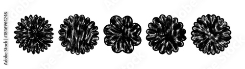 Crayon Circle Badge Shape Set. Hand Drawn Scribble Chalk Texture Label Figure Kit. Black Round Sticker Bundle for Pricetag, Promo and Special Offer. Wiggle Circle Tag Set Flower, Starbust Silhouette.