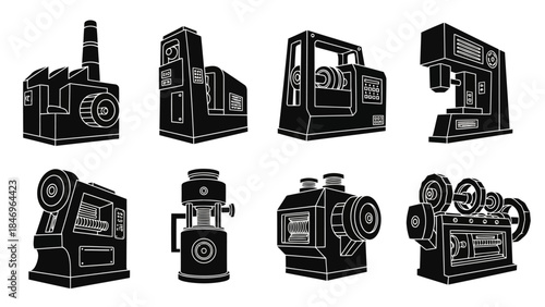 Set of industrial machines and factory buildings vector icons representing heavy equipment, manufacturing plants, and various production machinery for industrial operations