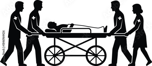 Medical emergency rescue team silhouette illustration, paramedics transporting patient on stretcher, hospital healthcare response concept isolated background