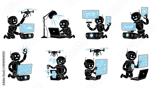 Robots with modern technology set includes drones, laptops, projectors, and tablets illustrating concepts of artificial intelligence, automation, and data analysis in a digital age