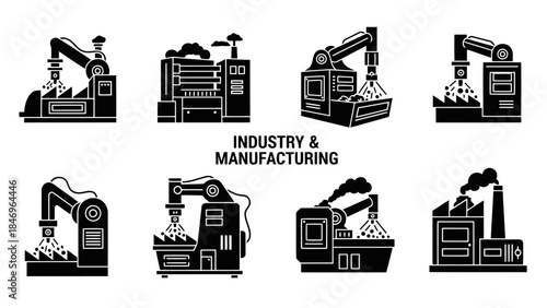 Collection of industry and manufacturing icons depicting factories, production lines, and robotic arms dispensing materials for various industrial processes and automation