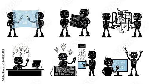Black and white vector illustration of two robots collaborating on project looking at large screen displaying data and working with circuit boards