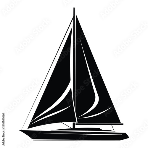 Monochrome silhouette of a fisherman standing in a small boat and casting a fishing rod on the waves.