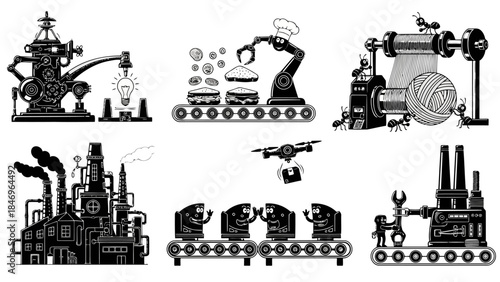 Innovative industrial production and automation set: factory creating light bulbs, robotic burger assembly, ant teamwork in textile, drone delivery, and packaging solutions