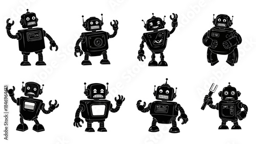 Robots with various emotions and actions including happy angry confused and surprised expressions in a set of black and white cartoon vector illustrations