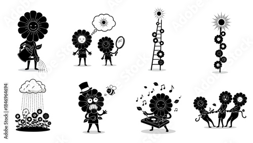 Cute flower character set illustrating various emotions and activities like watering, thinking, looking in a mirror, and enjoying sunny days