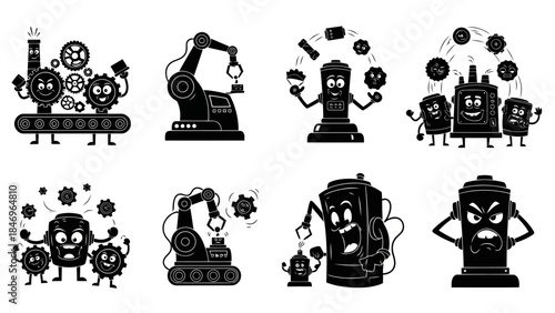 Factory automation production set with funny batteries and robots showing manufacturing process isolated vector illustration