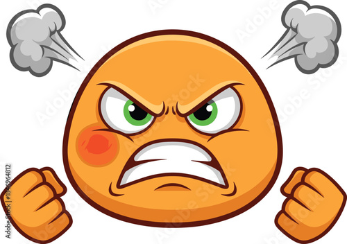 Angry emoji face with steam and clenched fists, cartoon expression icon, emotional reaction symbol, vector illustration, digital communication theme