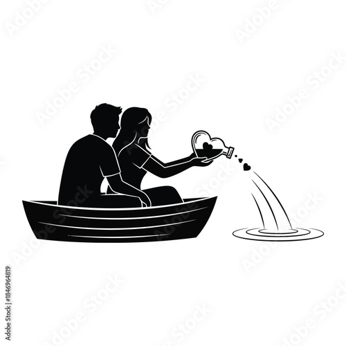 Monochrome silhouette of a couple in a rowboat pouring a liquid heart shape from a bottle into the water illustration.
