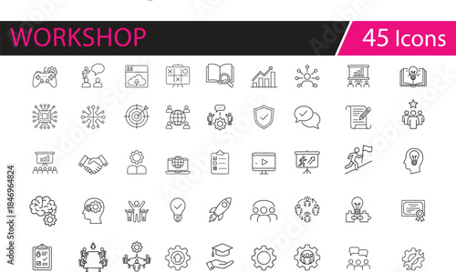 Modern business strategy icons set, teamwork, innovation, growth, leadership, analytics, success, digital transformation, collaboration, productivity, brainstorming,