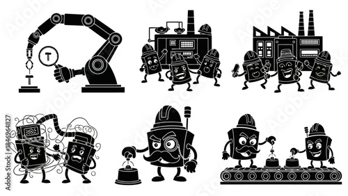 Factory automation production set with robotic arms and funny batteries showing manufacturing process isolated vector illustration